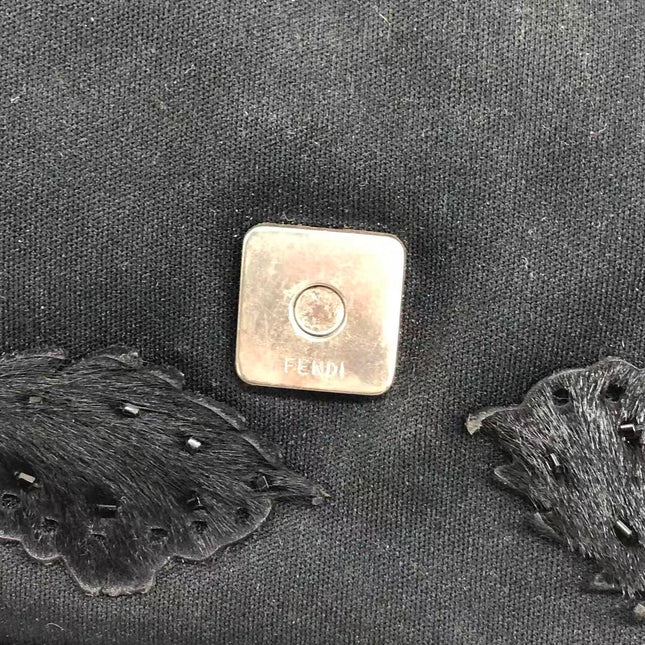 FENDI Baguette Vintage Black Cloth With Flower Embroidery Silver Hardware