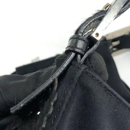 FENDI Baguette Vintage Black Cloth With Flower Embroidery Silver Hardware