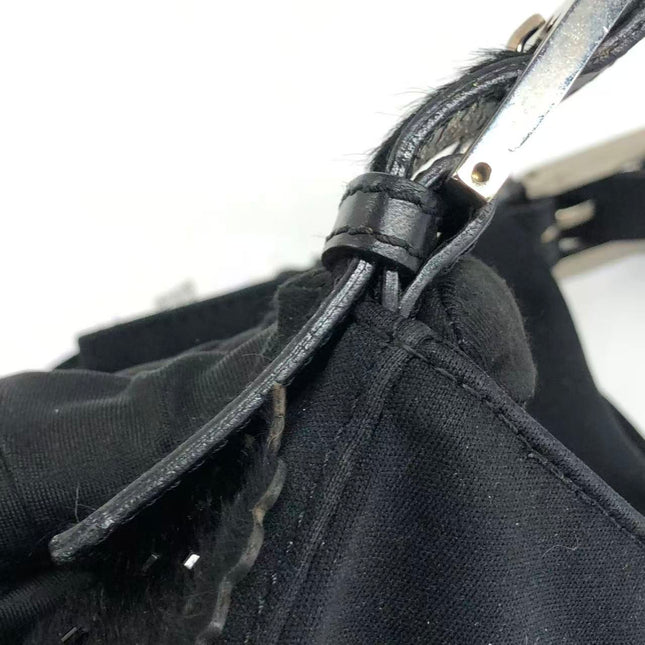 FENDI Baguette Vintage Black Cloth With Flower Embroidery Silver Hardware