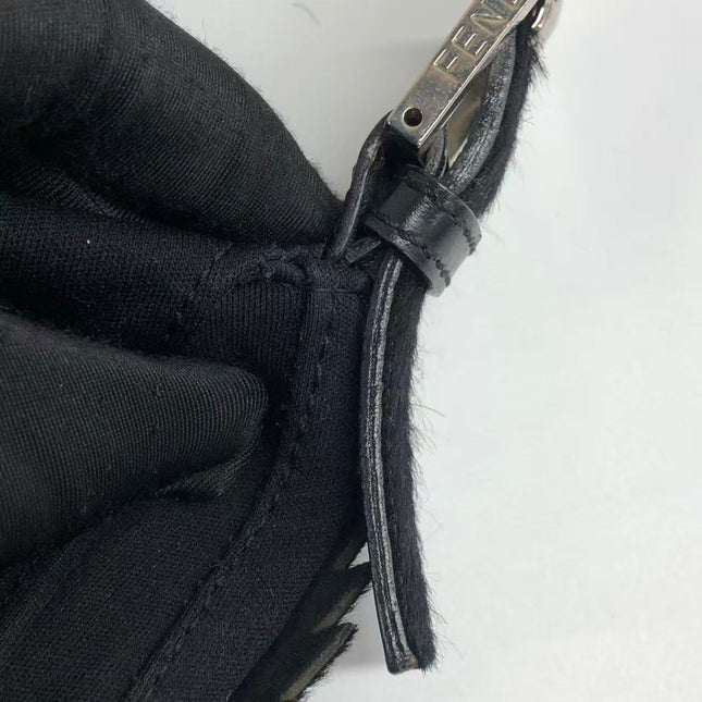 FENDI Baguette Vintage Black Cloth With Flower Embroidery Silver Hardware