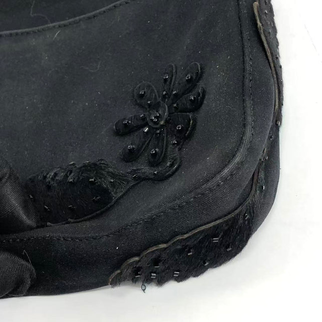 FENDI Baguette Vintage Black Cloth With Flower Embroidery Silver Hardware