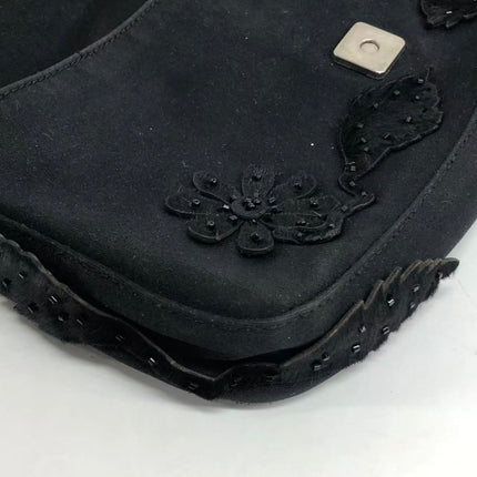 FENDI Baguette Vintage Black Cloth With Flower Embroidery Silver Hardware