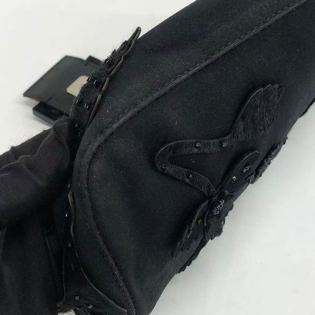 FENDI Baguette Vintage Black Cloth With Flower Embroidery Silver Hardware