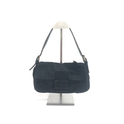 FENDI Baguette Vintage Black Cloth With Flower Embroidery Silver Hardware-Luxbags