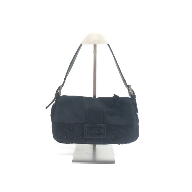 FENDI Baguette Vintage Black Cloth With Flower Embroidery Silver Hardware-Luxbags