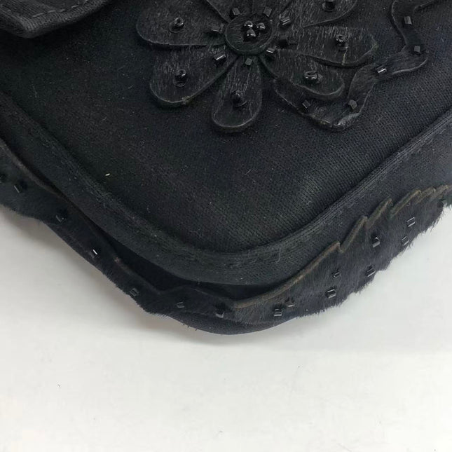 FENDI Baguette Vintage Black Cloth With Flower Embroidery Silver Hardware