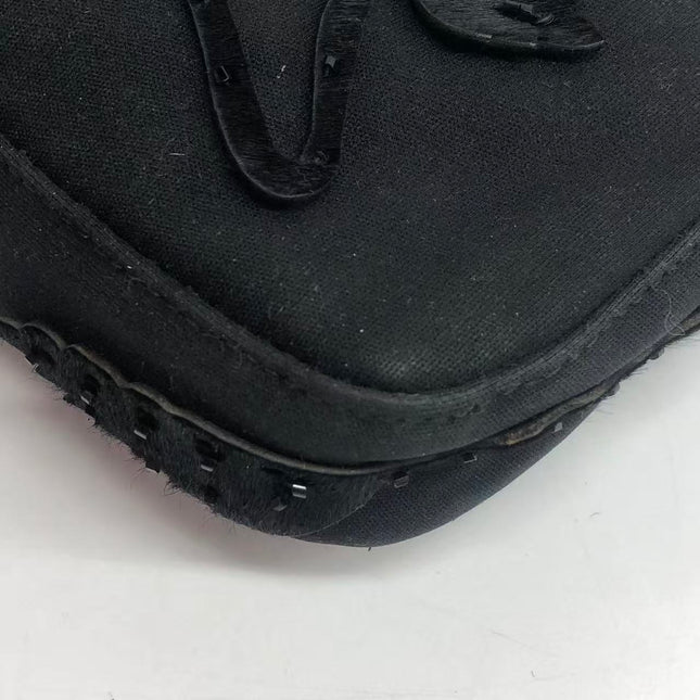 FENDI Baguette Vintage Black Cloth With Flower Embroidery Silver Hardware