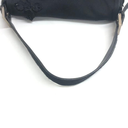 FENDI Baguette Vintage Black Cloth With Flower Embroidery Silver Hardware