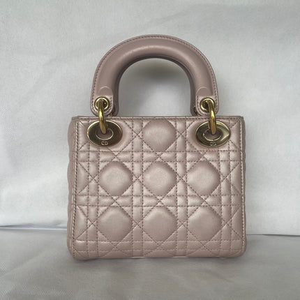 Lady Dior Mini 2019 Pearlescent Pink Lambskin Leather Gold Chain Strap
