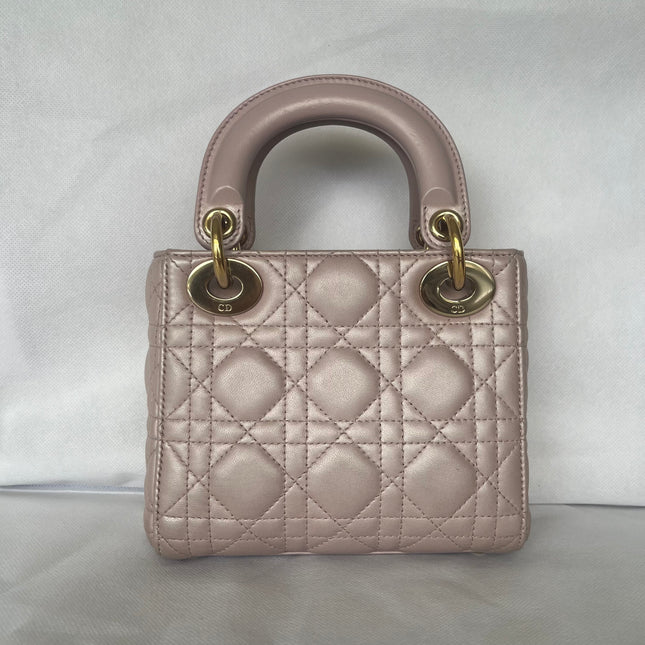 Lady Dior Mini 2019 Pearlescent Pink Lambskin Leather Gold Chain Strap