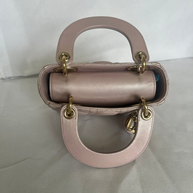 Lady Dior Mini 2019 Pearlescent Pink Lambskin Leather Gold Chain Strap