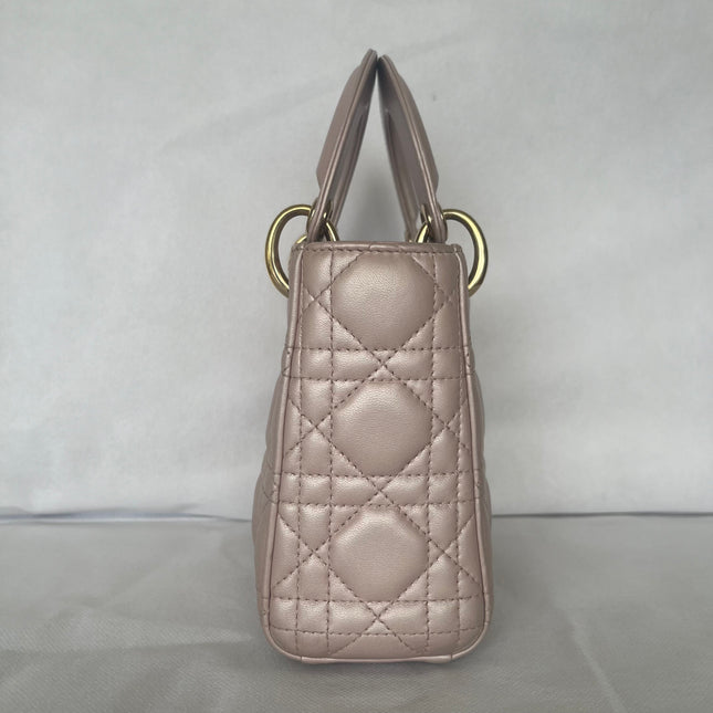 Lady Dior Mini 2019 Pearlescent Pink Lambskin Leather Gold Chain Strap