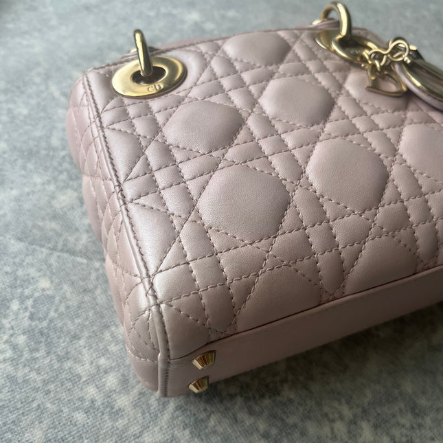 Lady Dior Mini 2019 Pearlescent Pink Lambskin Leather Gold Chain Strap