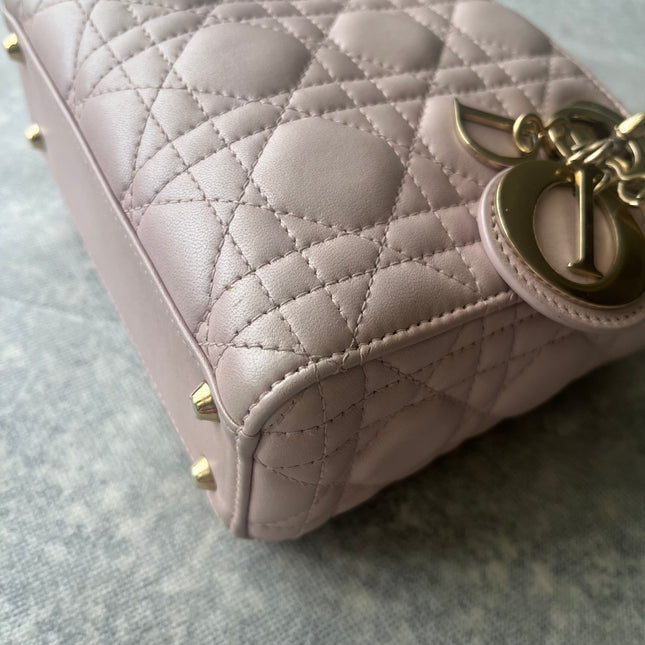 Lady Dior Mini 2019 Pearlescent Pink Lambskin Leather Gold Chain Strap