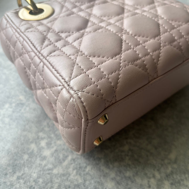 Lady Dior Mini 2019 Pearlescent Pink Lambskin Leather Gold Chain Strap