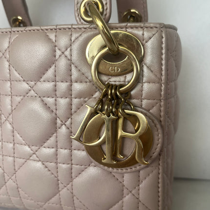Lady Dior Mini 2019 Pearlescent Pink Lambskin Leather Gold Chain Strap