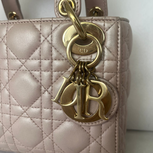 Lady Dior Mini 2019 Pearlescent Pink Lambskin Leather Gold Chain Strap