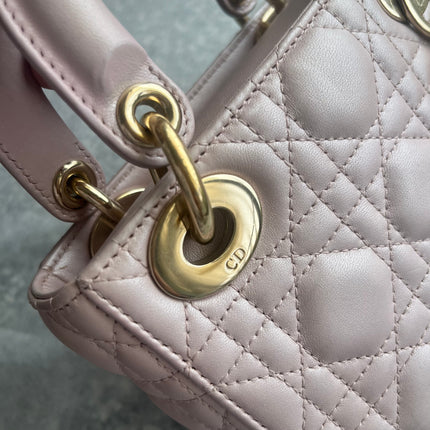 Lady Dior Mini 2019 Pearlescent Pink Lambskin Leather Gold Chain Strap