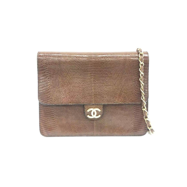 Chanel Single Flap Bag Vintage Small Brown Lizard Leather Gold Hardware-Luxbags