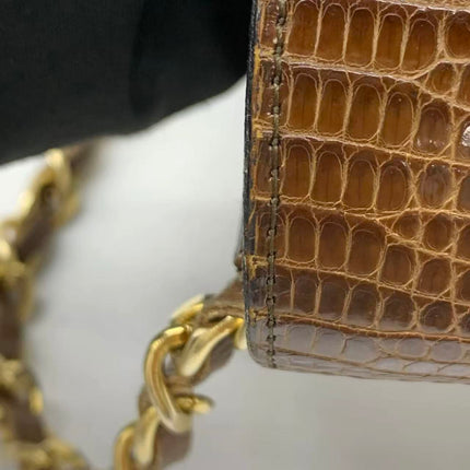 Chanel Single Flap Bag Vintage Small Brown Lizard Leather Gold Hardware