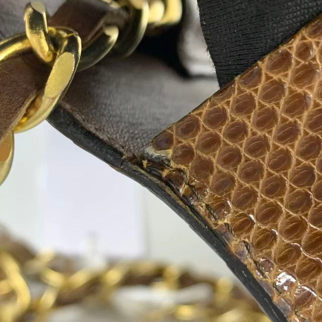 Chanel Single Flap Bag Vintage Small Brown Lizard Leather Gold Hardware