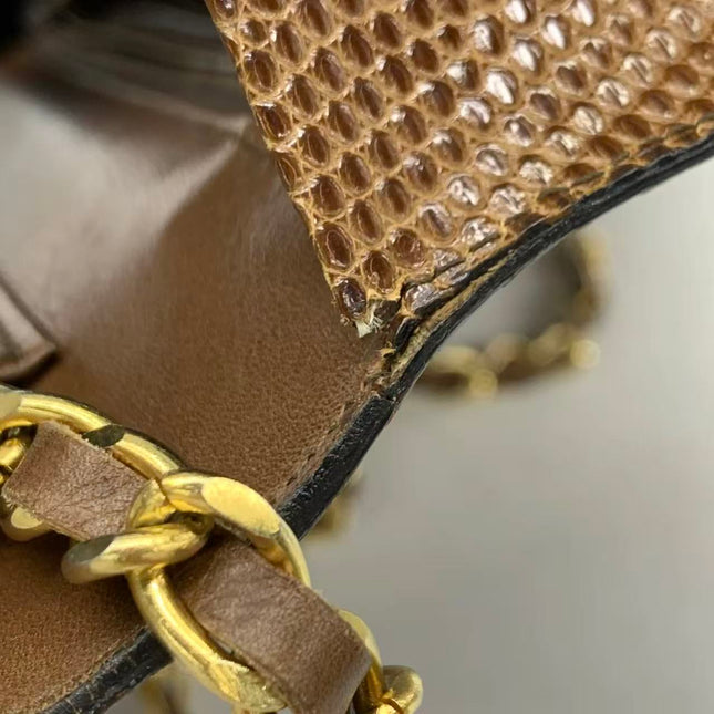 Chanel Single Flap Bag Vintage Small Brown Lizard Leather Gold Hardware