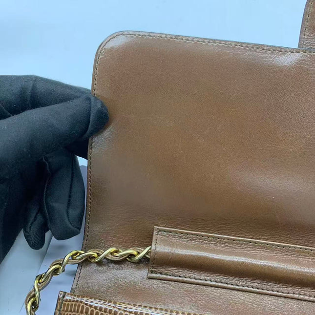 Chanel Single Flap Bag Vintage Small Brown Lizard Leather Gold Hardware