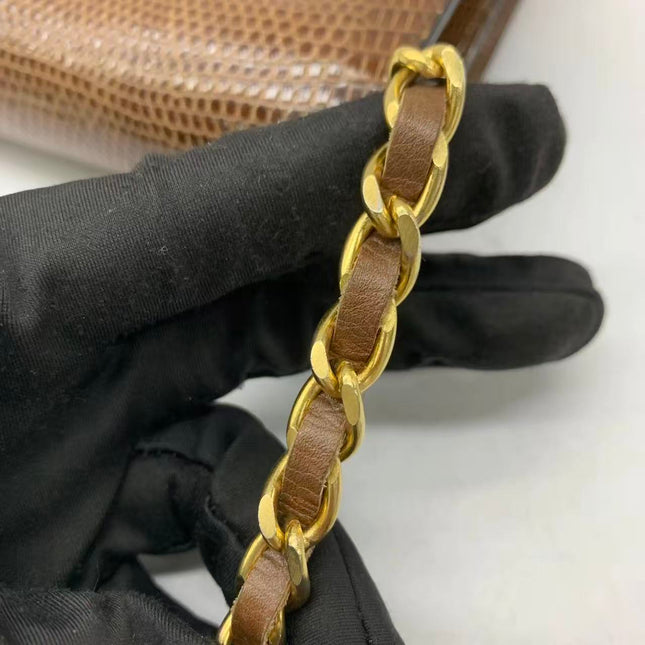 Chanel Single Flap Bag Vintage Small Brown Lizard Leather Gold Hardware