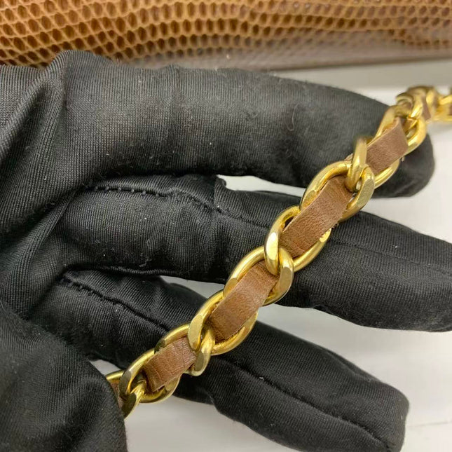 Chanel Single Flap Bag Vintage Small Brown Lizard Leather Gold Hardware