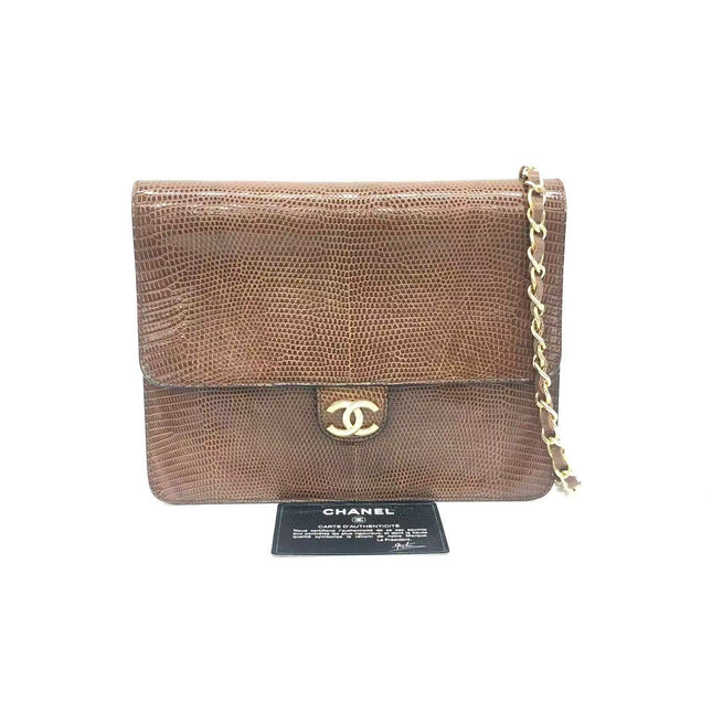 Chanel Single Flap Bag Vintage Small Brown Lizard Leather Gold Hardware