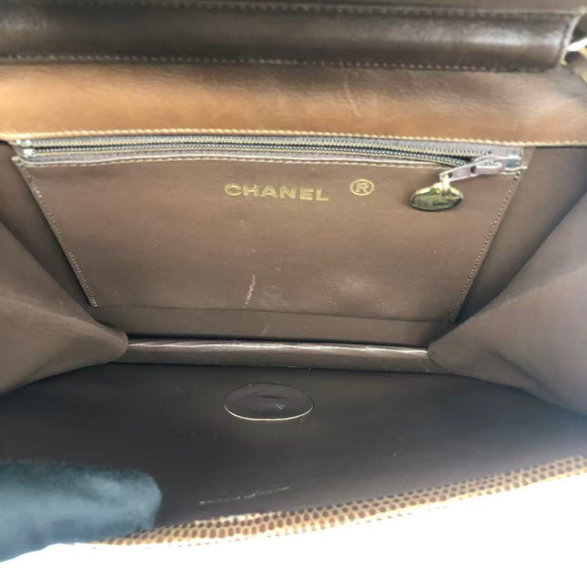 Chanel Single Flap Bag Vintage Small Brown Lizard Leather Gold Hardware