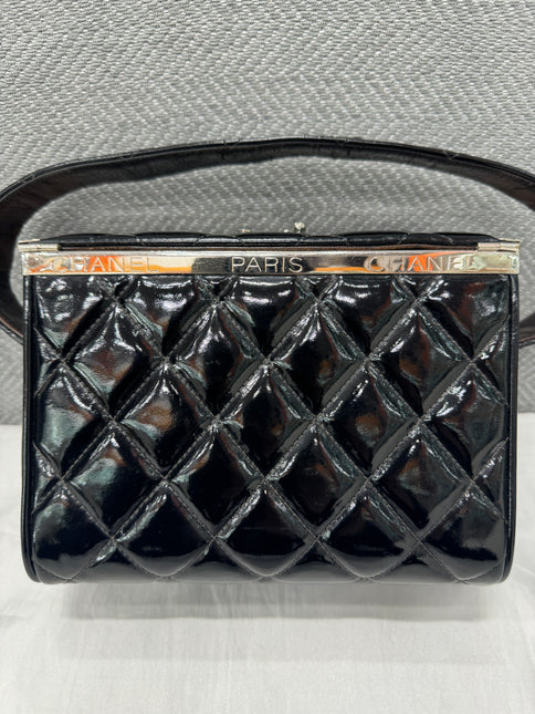 Chanel Vanity Case Vintage Black Patent Leather Silver Clasp Hardware