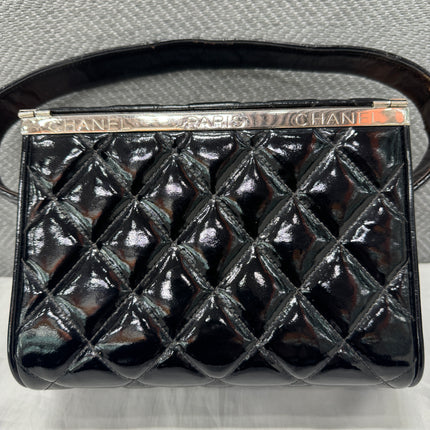 Chanel Vanity Case Vintage Black Patent Leather Silver Clasp Hardware