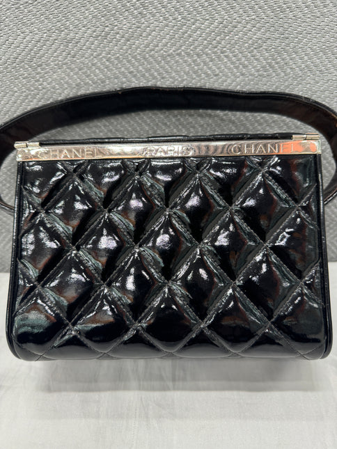 Chanel Vanity Case Vintage Black Patent Leather Silver Clasp Hardware