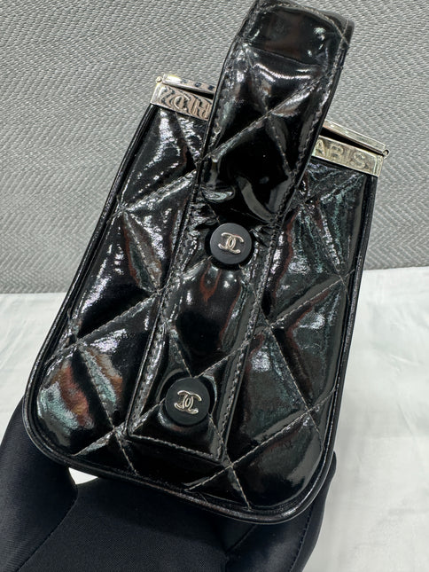 Chanel Vanity Case Vintage Black Patent Leather Silver Clasp Hardware