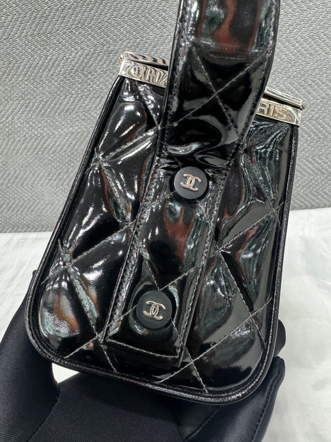 Chanel Vanity Case Vintage Black Patent Leather Silver Clasp Hardware