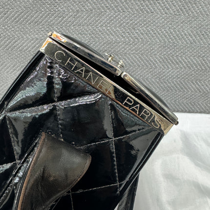 Chanel Vanity Case Vintage Black Patent Leather Silver Clasp Hardware