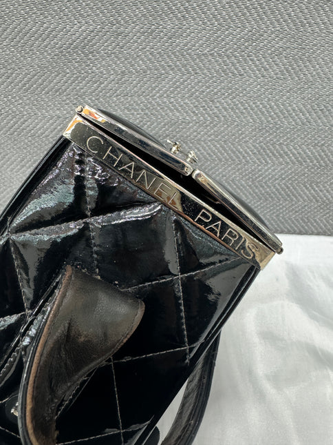 Chanel Vanity Case Vintage Black Patent Leather Silver Clasp Hardware