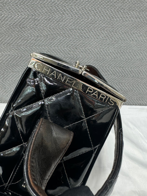 Chanel Vanity Case Vintage Black Patent Leather Silver Clasp Hardware