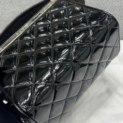 Chanel Vanity Case Vintage Black Patent Leather Silver Clasp Hardware