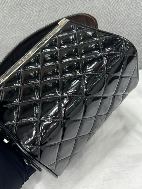 Chanel Vanity Case Vintage Black Patent Leather Silver Clasp Hardware