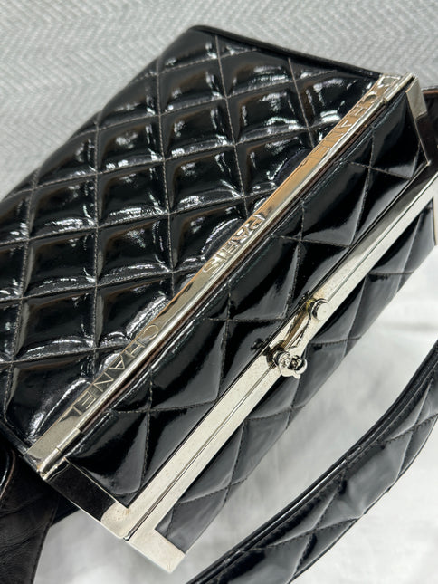 Chanel Vanity Case Vintage Black Patent Leather Silver Clasp Hardware