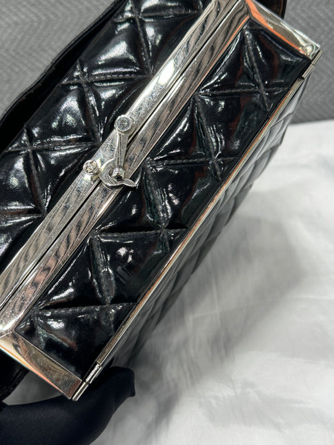 Chanel Vanity Case Vintage Black Patent Leather Silver Clasp Hardware
