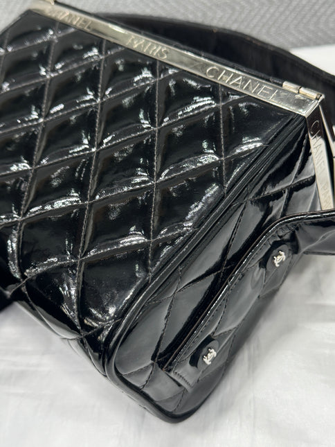 Chanel Vanity Case Vintage Black Patent Leather Silver Clasp Hardware