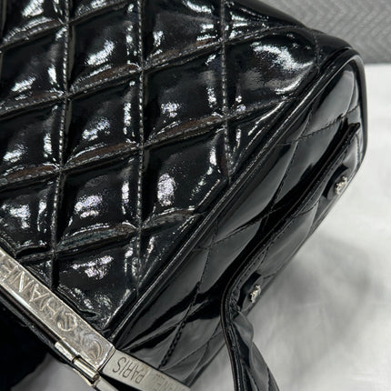 Chanel Vanity Case Vintage Black Patent Leather Silver Clasp Hardware