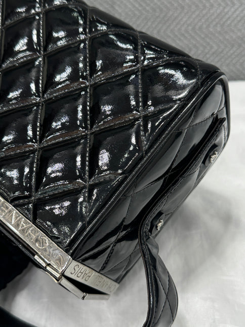 Chanel Vanity Case Vintage Black Patent Leather Silver Clasp Hardware