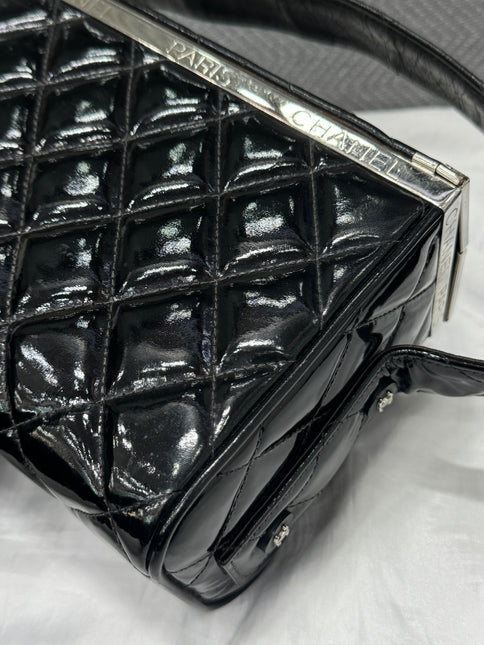 Chanel Vanity Case Vintage Black Patent Leather Silver Clasp Hardware