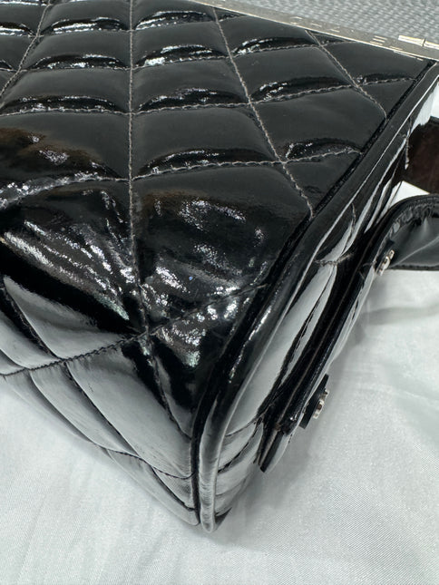 Chanel Vanity Case Vintage Black Patent Leather Silver Clasp Hardware