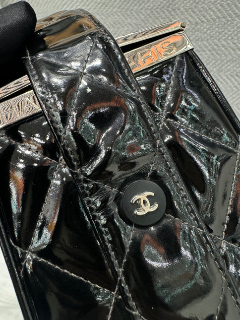 Chanel Vanity Case Vintage Black Patent Leather Silver Clasp Hardware