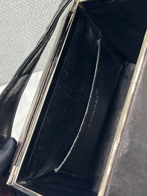 Chanel Vanity Case Vintage Black Patent Leather Silver Clasp Hardware